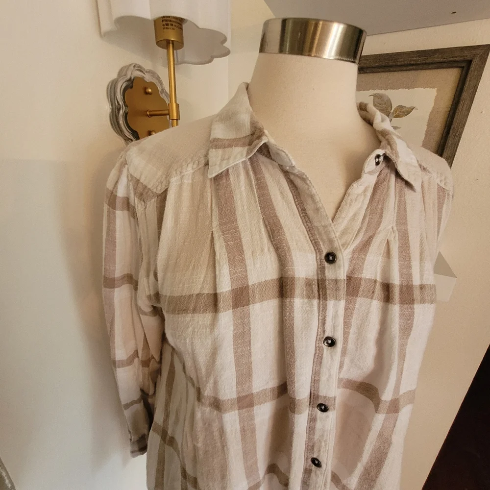 Free People Preppy In Plaid Long Sleeve Button Front Top Ruffle Back Boho 90s L
